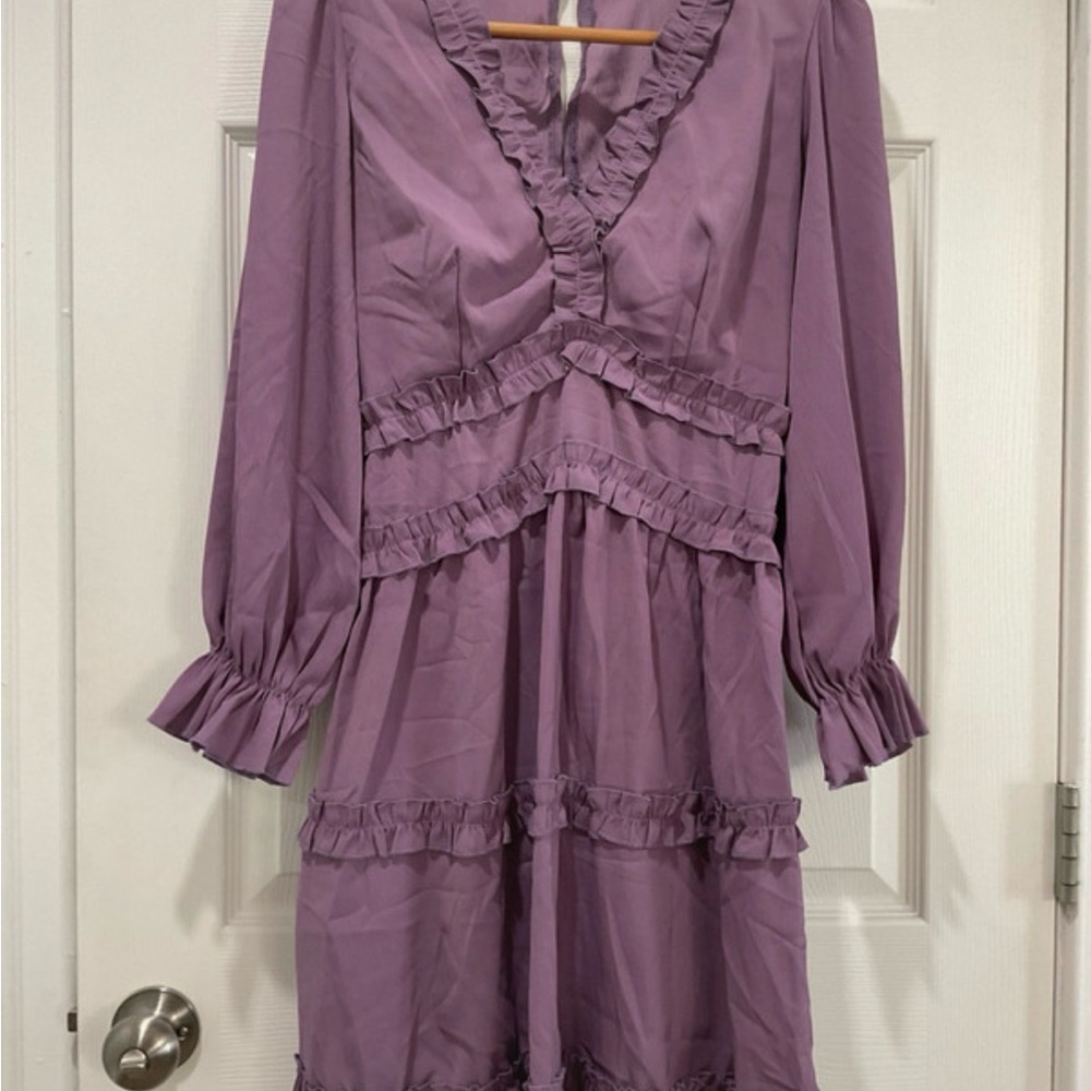 Lavender Ruffle V-Neck Long Sleeve Dress